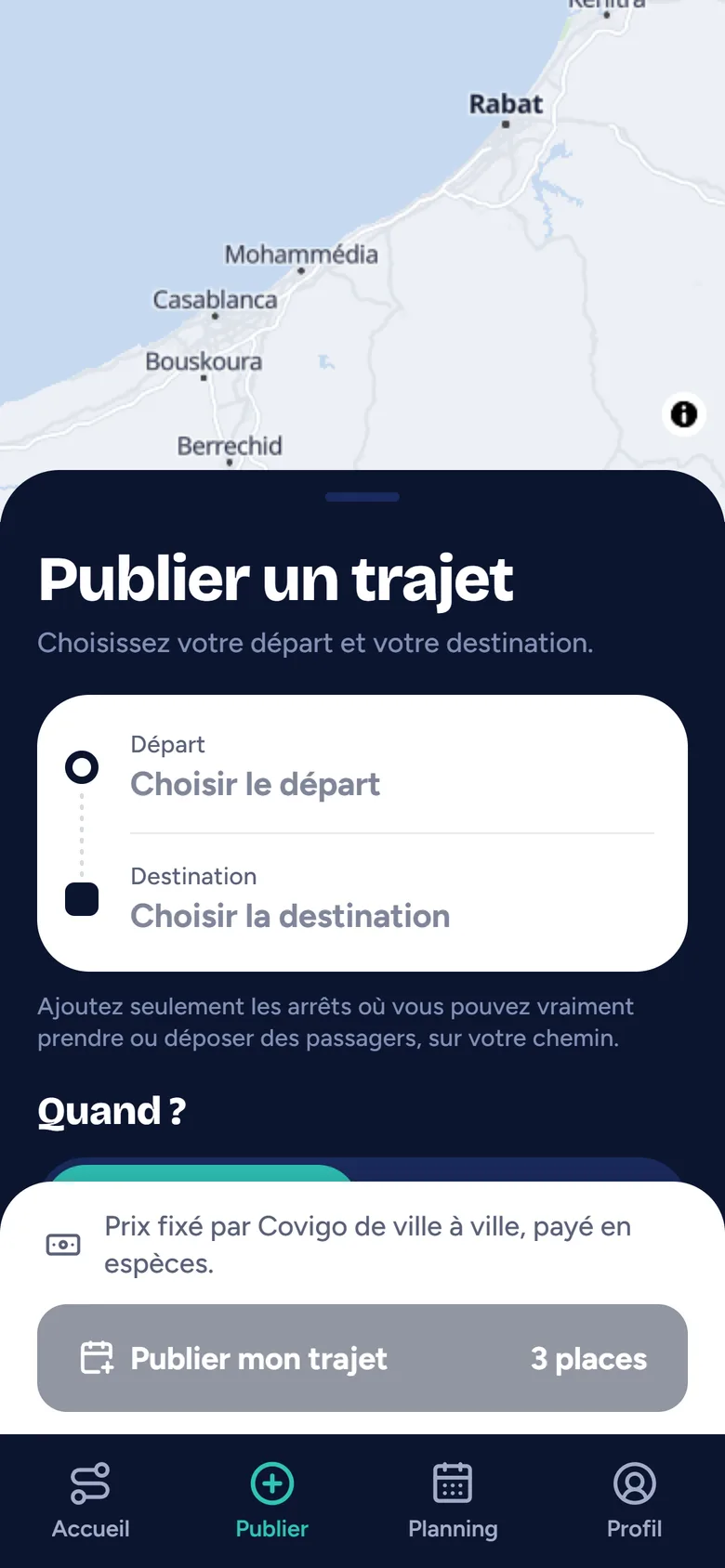 Publier un trajet dans Covigo